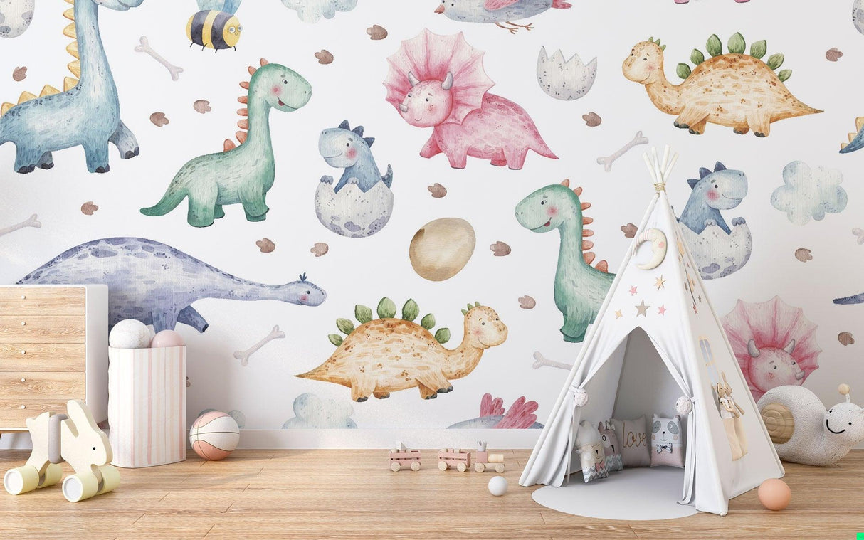 Watercolor Dinosaur Wallpaper in children's bedroom with cozy bed setup