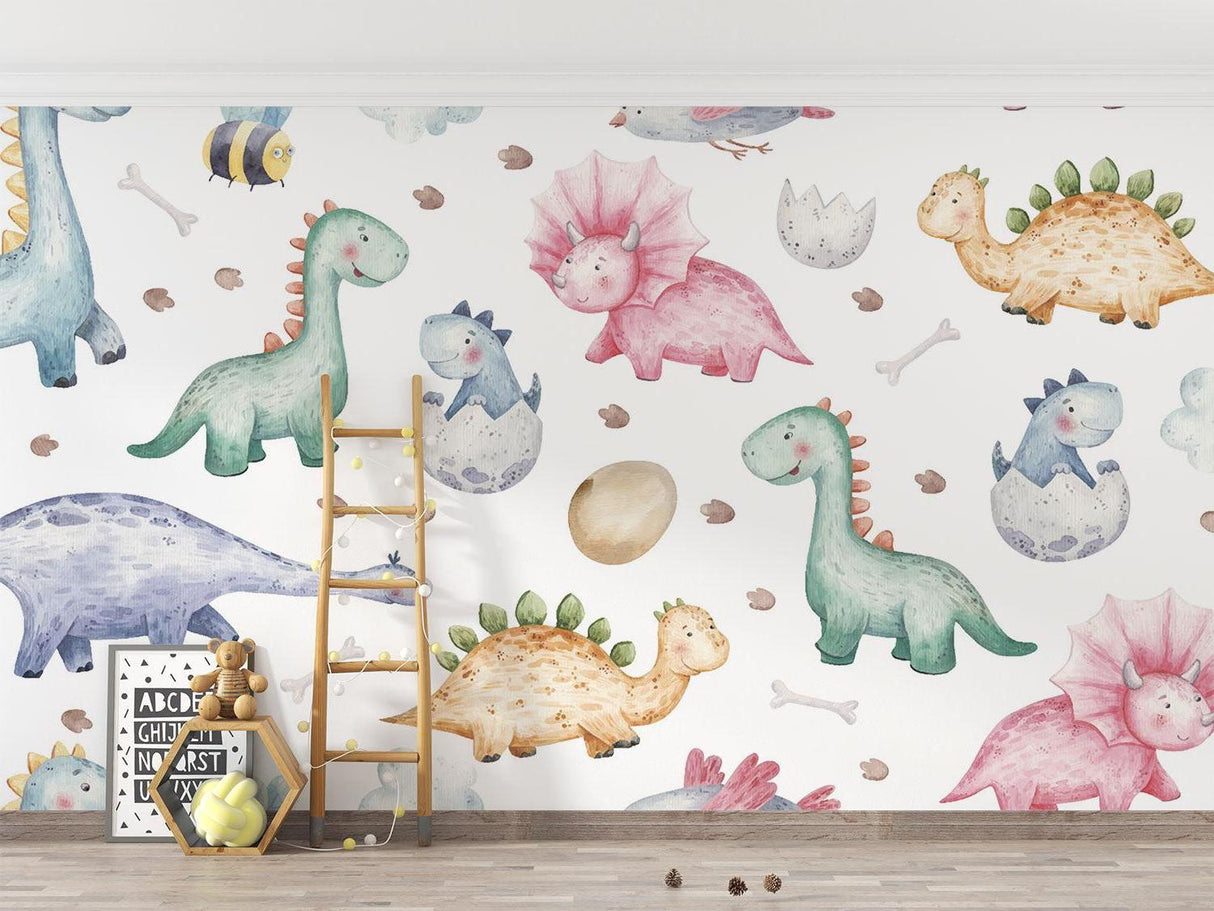 Pastel Dinosaur Mural in daycare center reading area