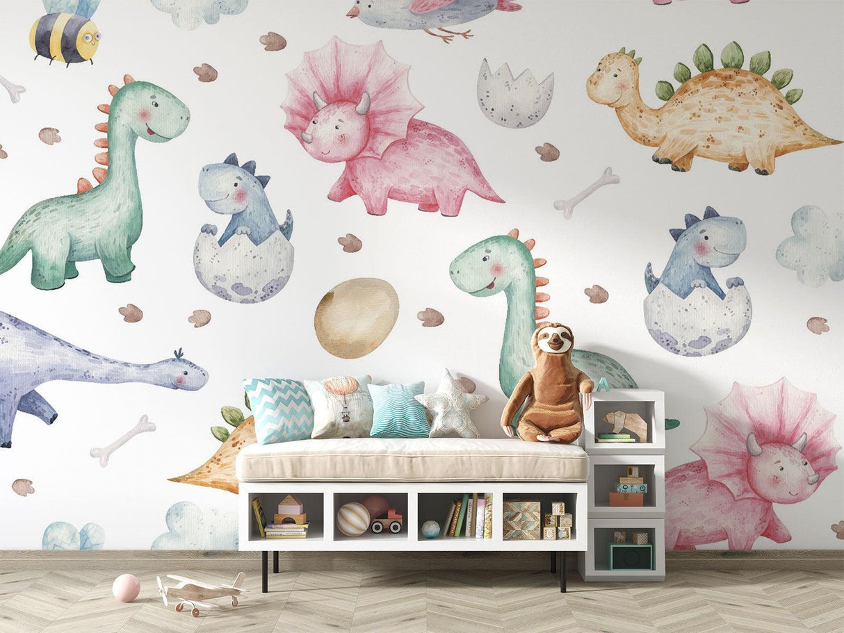Baby Dino Wallpaper in modern gender-neutral nursery setting