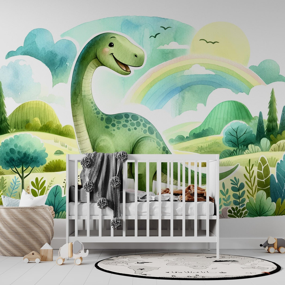 Watercolor dinosaur wallpaper mural with rainbow shown in a bright nursery, creating a magical atmosphere for playtime and learning