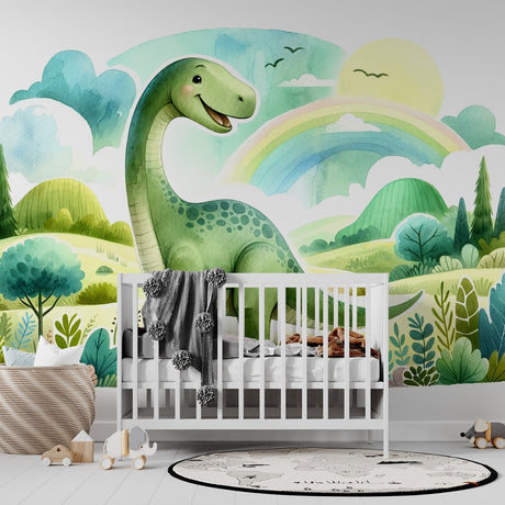 Watercolor dinosaur wallpaper mural with rainbow shown in a bright nursery, creating a magical atmosphere for playtime and learning