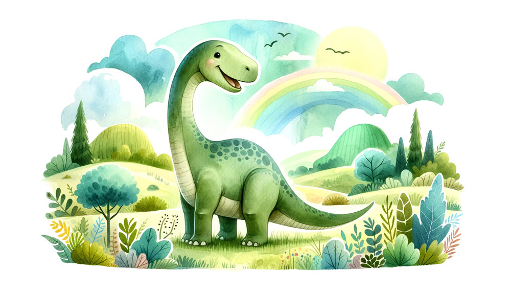 Watercolor dinosaur wallpaper design file showing gentle Diplodocus and rainbow pattern