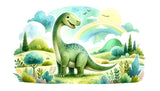 Watercolor dinosaur wallpaper design file showing gentle Diplodocus and rainbow pattern