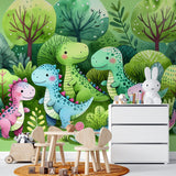 Watercolor dinosaur wallpaper creating a magical atmosphere in a bright nursery with soft pink and green tones