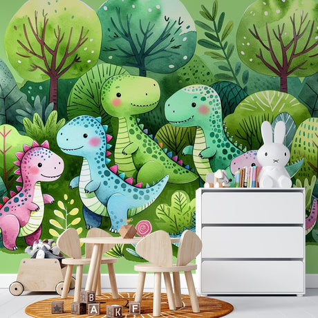 Watercolor dinosaur wallpaper creating a magical atmosphere in a bright nursery with soft pink and green tones
