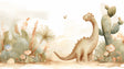 Dinosaur nursery wallpaper with gentle brachiosaurus in modern white nursery with natural wood furniture