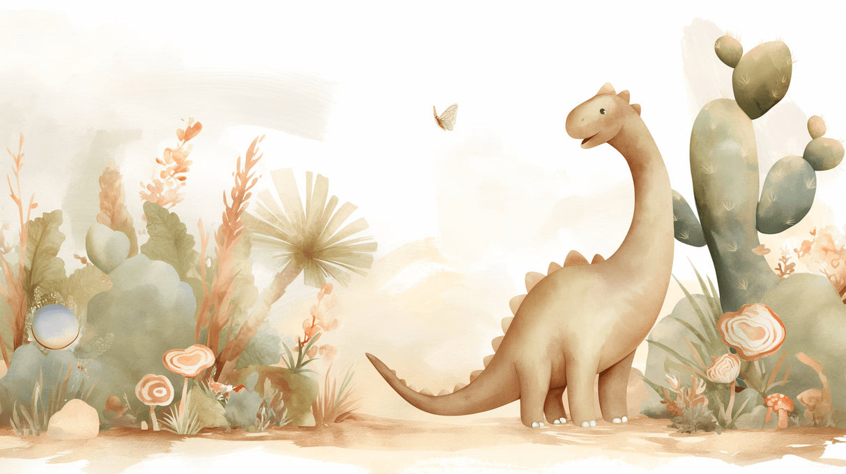 Dinosaur nursery wallpaper with gentle brachiosaurus in modern white nursery with natural wood furniture