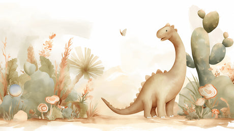 Dinosaur nursery wallpaper with gentle brachiosaurus in modern white nursery with natural wood furniture