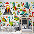 Dinosaur mural wallpaper with watercolor design bringing joy to a modern kids bedroom, perfect for imaginative play