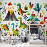 Dinosaur mural wallpaper with watercolor design bringing joy to a modern kids bedroom, perfect for imaginative play