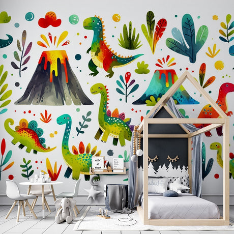 Dinosaur mural wallpaper with watercolor design bringing joy to a modern kids bedroom, perfect for imaginative play