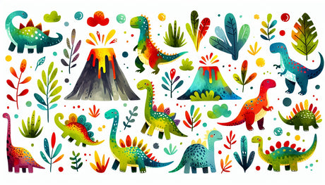 Watercolor dinosaur wallpaper design file showing full prehistoric pattern with vibrant colors