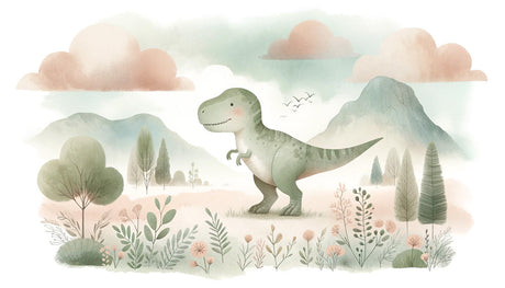 Watercolor T-Rex and mountain scene design file, showing detailed prehistoric wallpaper pattern