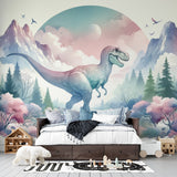 Dinosaur mural wallpaper with watercolor T-Rex bringing magic to a modern kids bedroom with soft lighting and playful decor