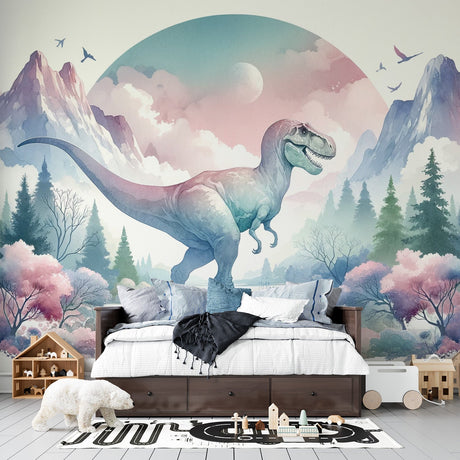 Dinosaur mural wallpaper with watercolor T-Rex bringing magic to a modern kids bedroom with soft lighting and playful decor