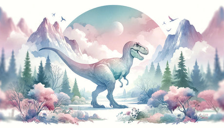 Watercolor T-Rex dinosaur wallpaper design file showing dreamy landscape and soft color palette