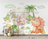 Watercolor Dinosaur Mural in bright nursery with white furniture showing scale and peaceful atmosphere