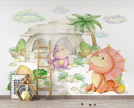 Watercolor Dinosaur Mural in bright nursery with white furniture showing scale and peaceful atmosphere
