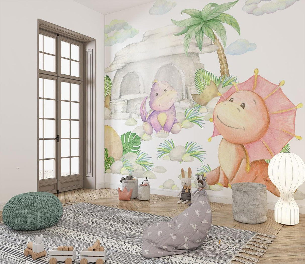 Tropical Dinosaur Wallpaper in children's playroom with reading nook and toys