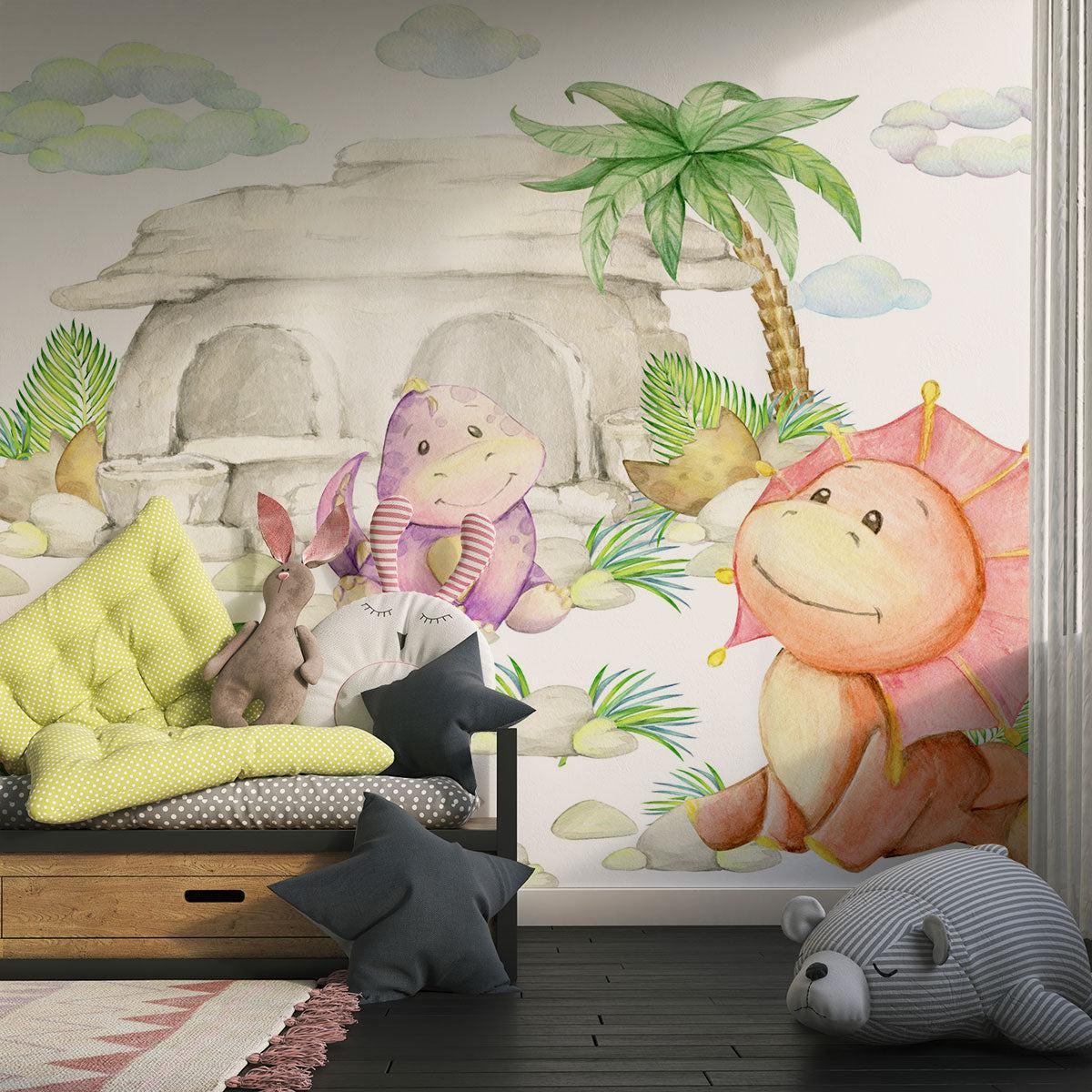 Kids Dinosaur Mural installed in modern bedroom with pink and purple decor