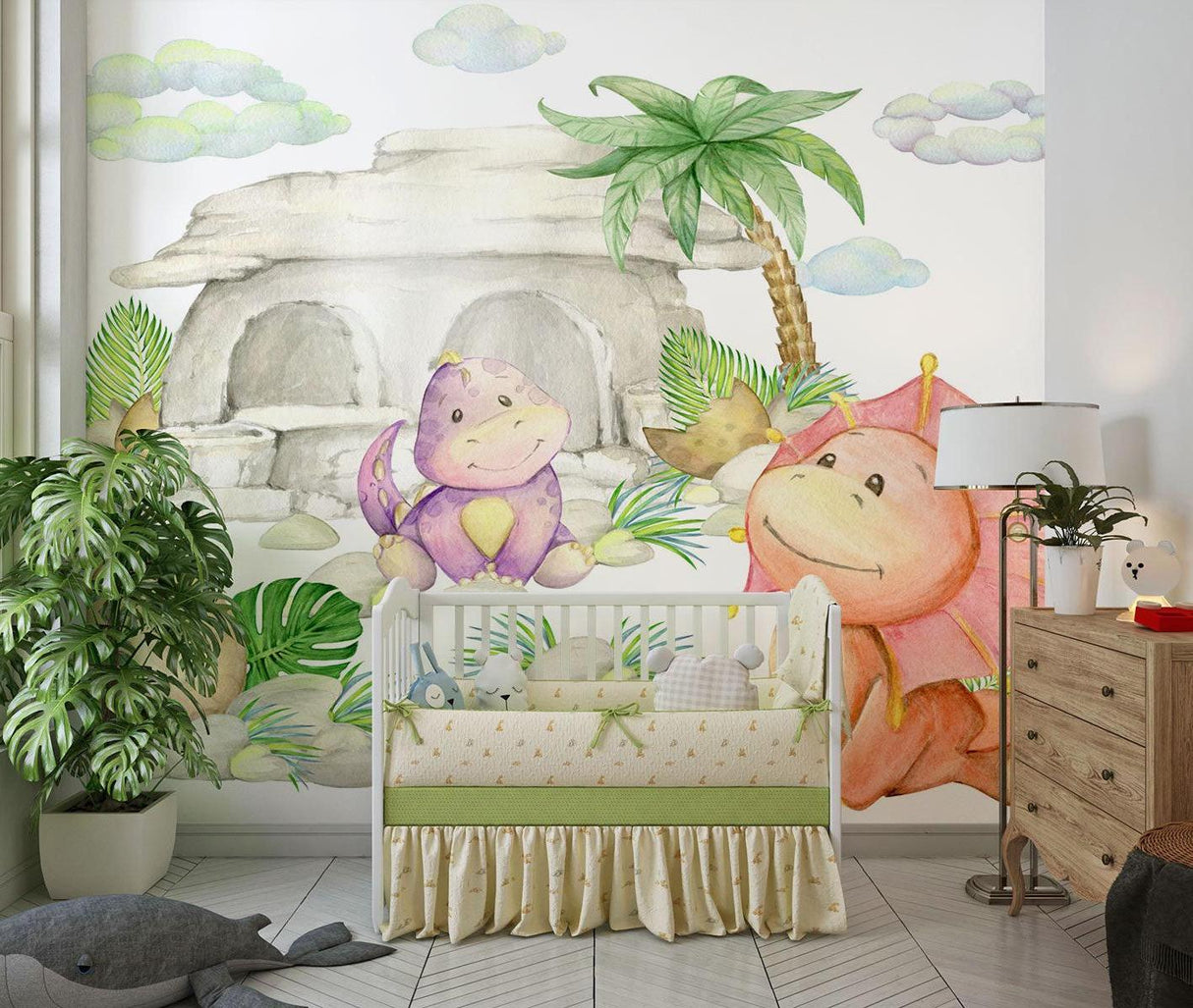 Watercolor Dinosaur Wall Mural in daycare center showing durability and child-friendly design