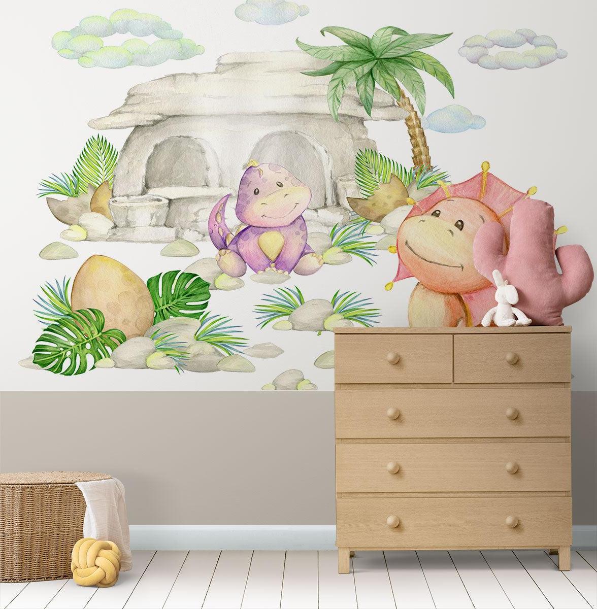 Tropical Paradise Mural in baby nursery with crib and changing station