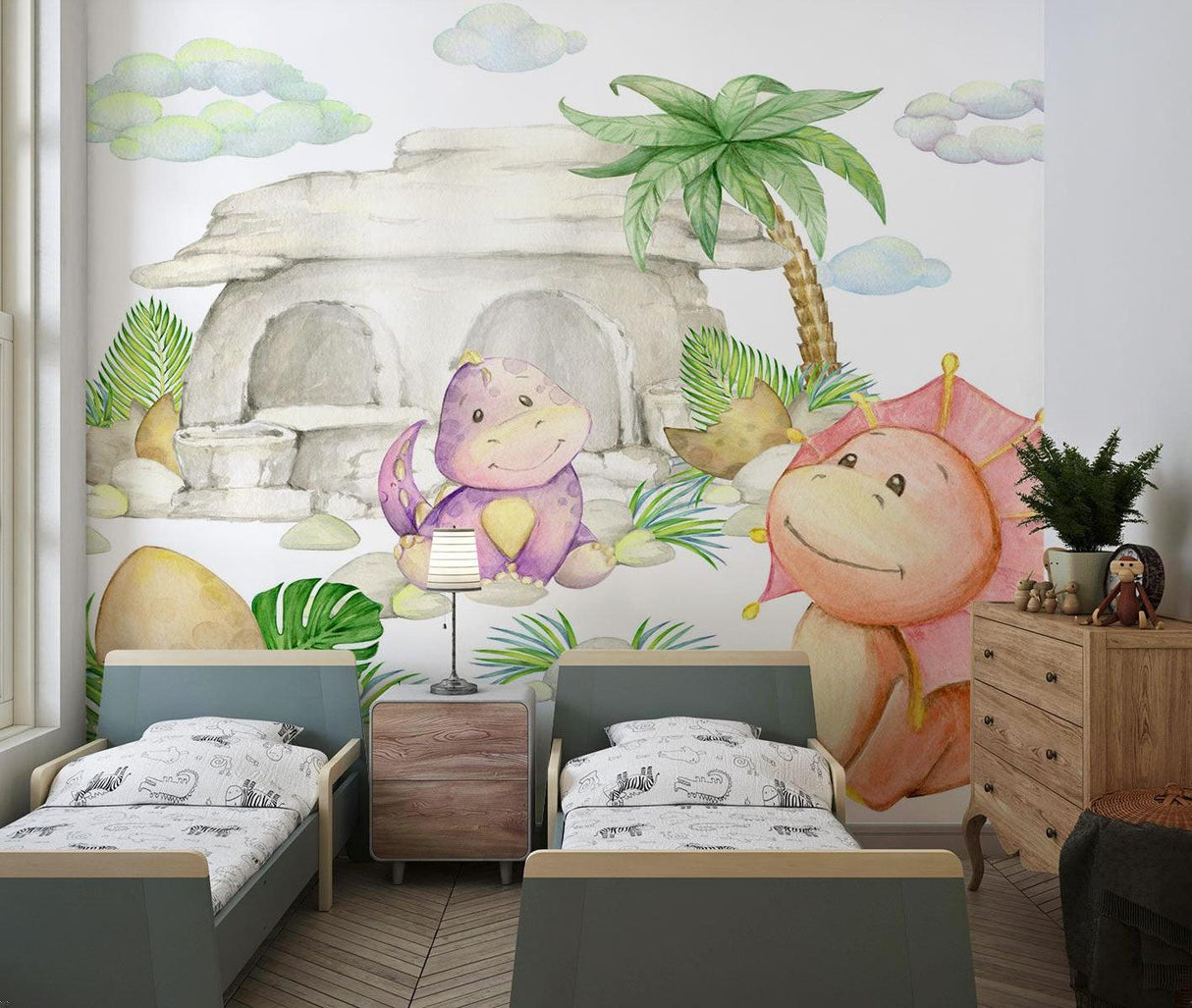 Dinosaur Paradise Wallpaper in child's bedroom showing full wall installation