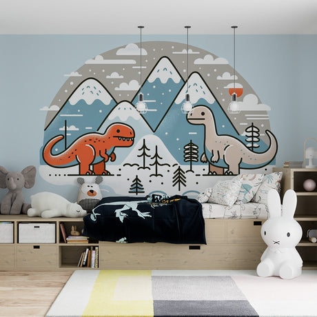 Dinosaur winter mountain wallpaper creating a magical atmosphere in a cozy nursery with soft blue walls and natural wood furniture