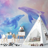 Dolphin wallpaper creating an underwater atmosphere in a bathroom