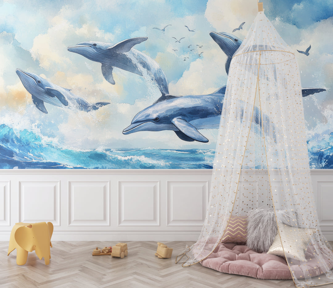 Ocean themed mural with dolphins brightening up a home office space