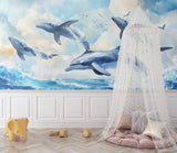 Ocean themed mural with dolphins brightening up a home office space