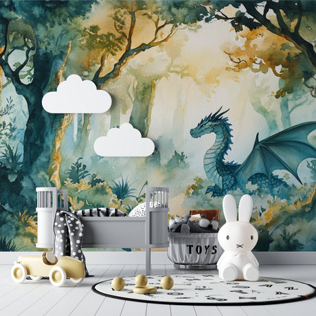 Dragon mural wallpaper in modern kids bedroom showing magical forest scene with soft lighting