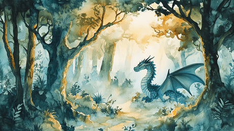 Dragon watercolor wallpaper design file showing full mystical forest pattern