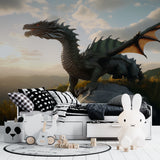 Fantasy dragon wall mural showcased in teen bedroom with gaming setup