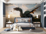 Dragon mountain wallpaper creating magical atmosphere in children's playroom