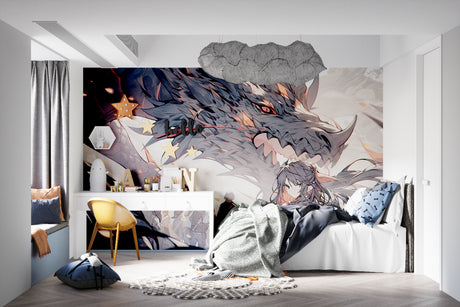 Dragon anime wallpaper creating a bold statement in a modern gaming room with RGB setup