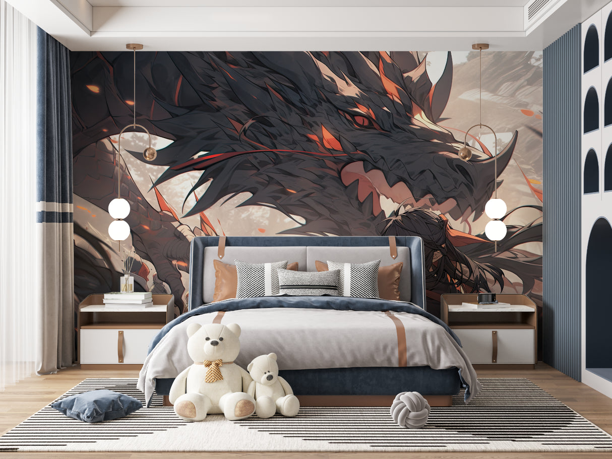 Anime dragon wall mural bringing character to a teen bedroom with contemporary furniture
