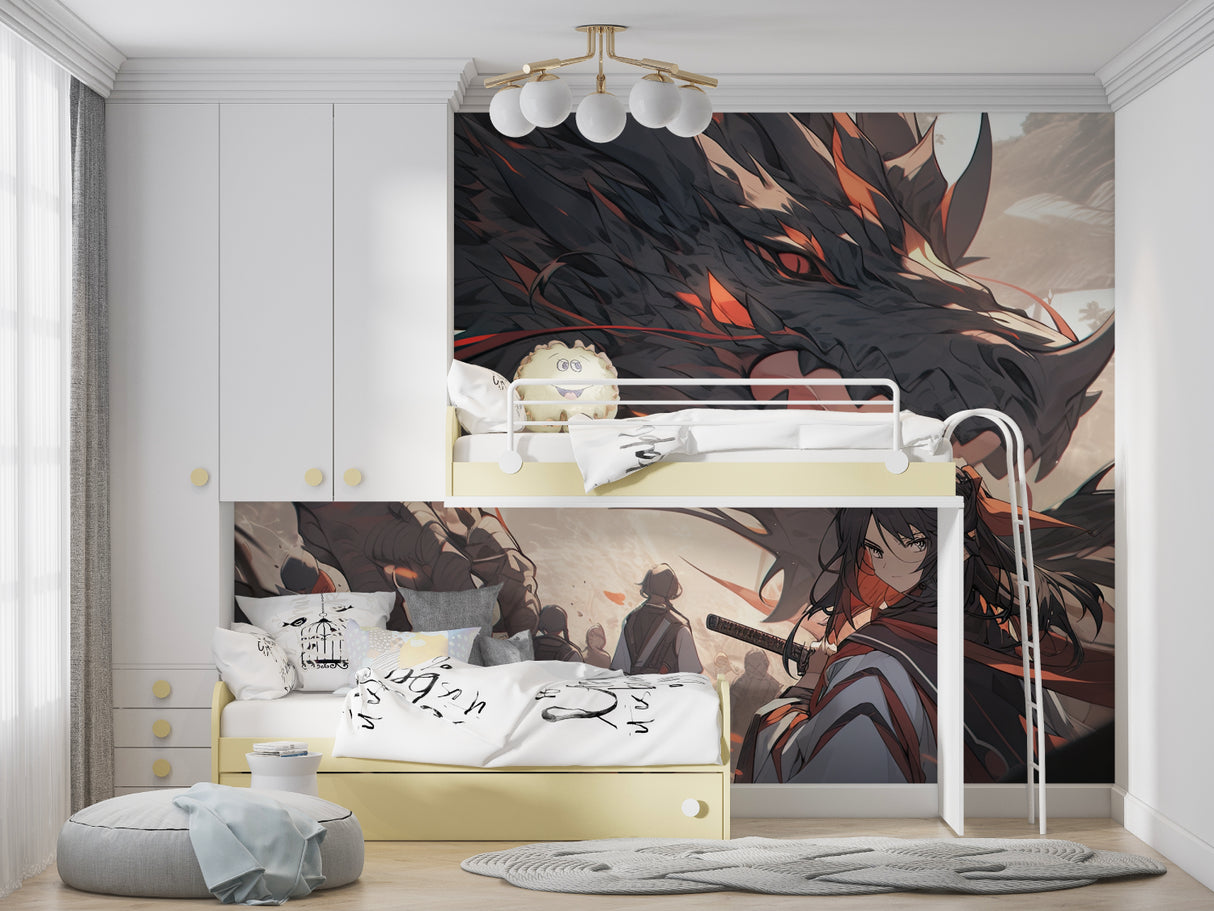 Mystical dragon wallpaper installation in a stylish home office space