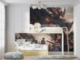 Mystical dragon wallpaper installation in a stylish home office space