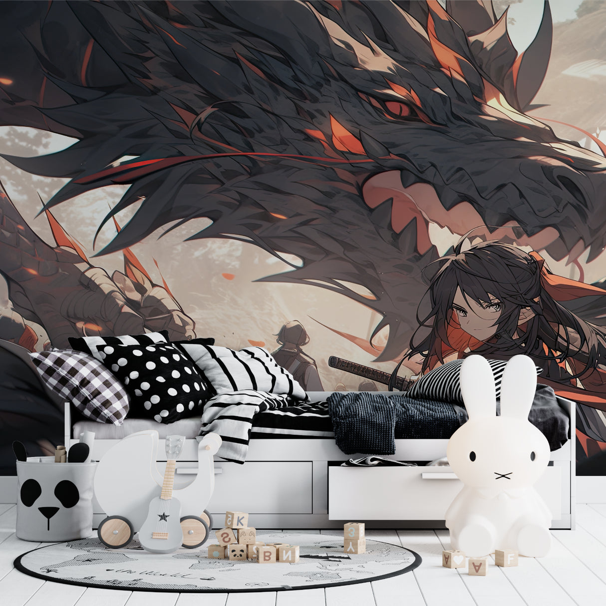 Dragon fantasy mural making a statement in a modern living room setting