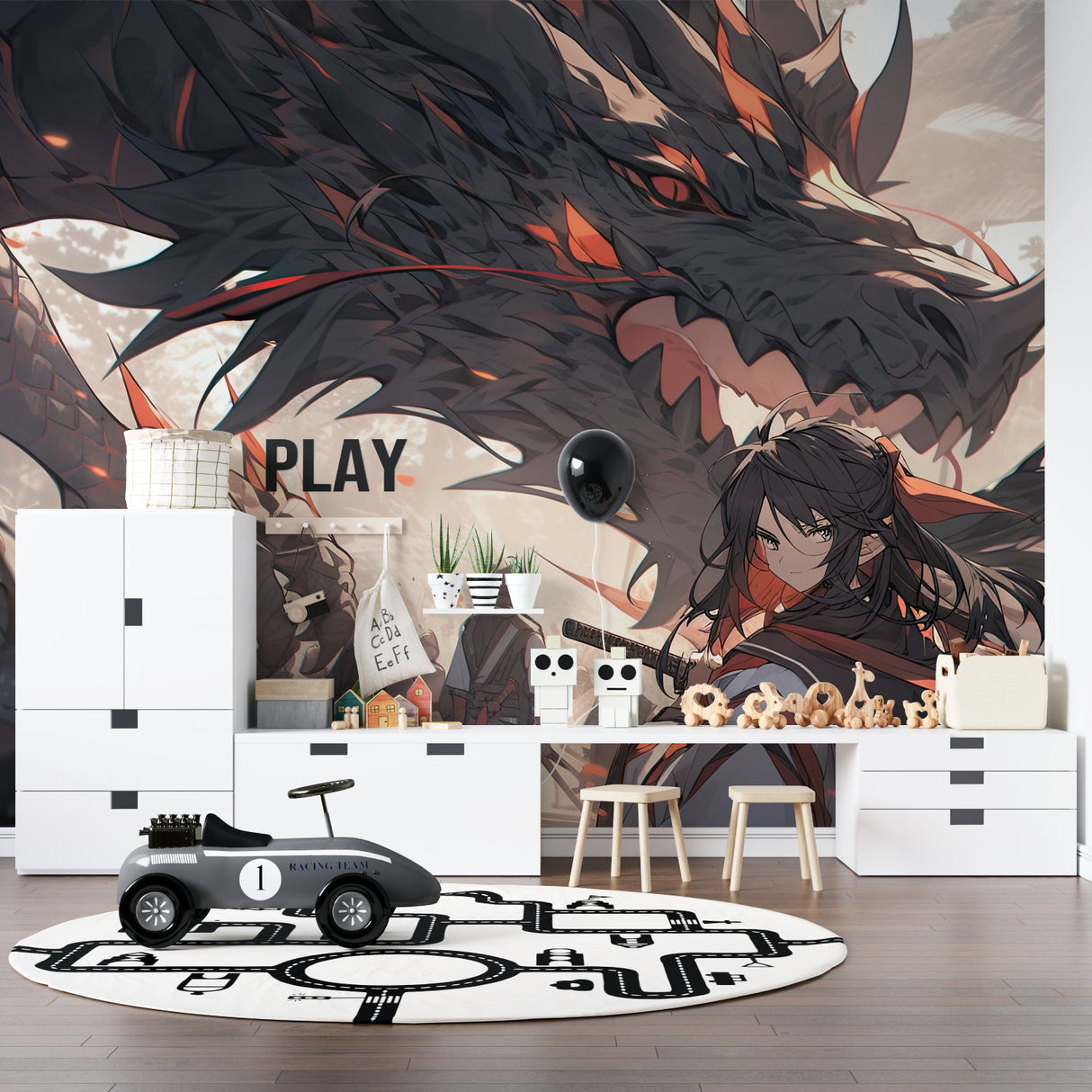 Anime-style dragon wall art transforming a media room with dramatic lighting