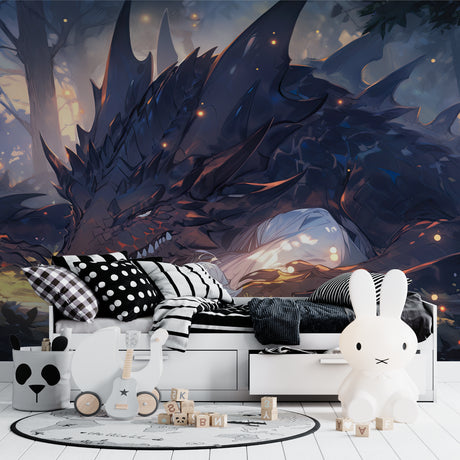 Dragon fantasy wallpaper in modern gaming room with ambient lighting showing scale