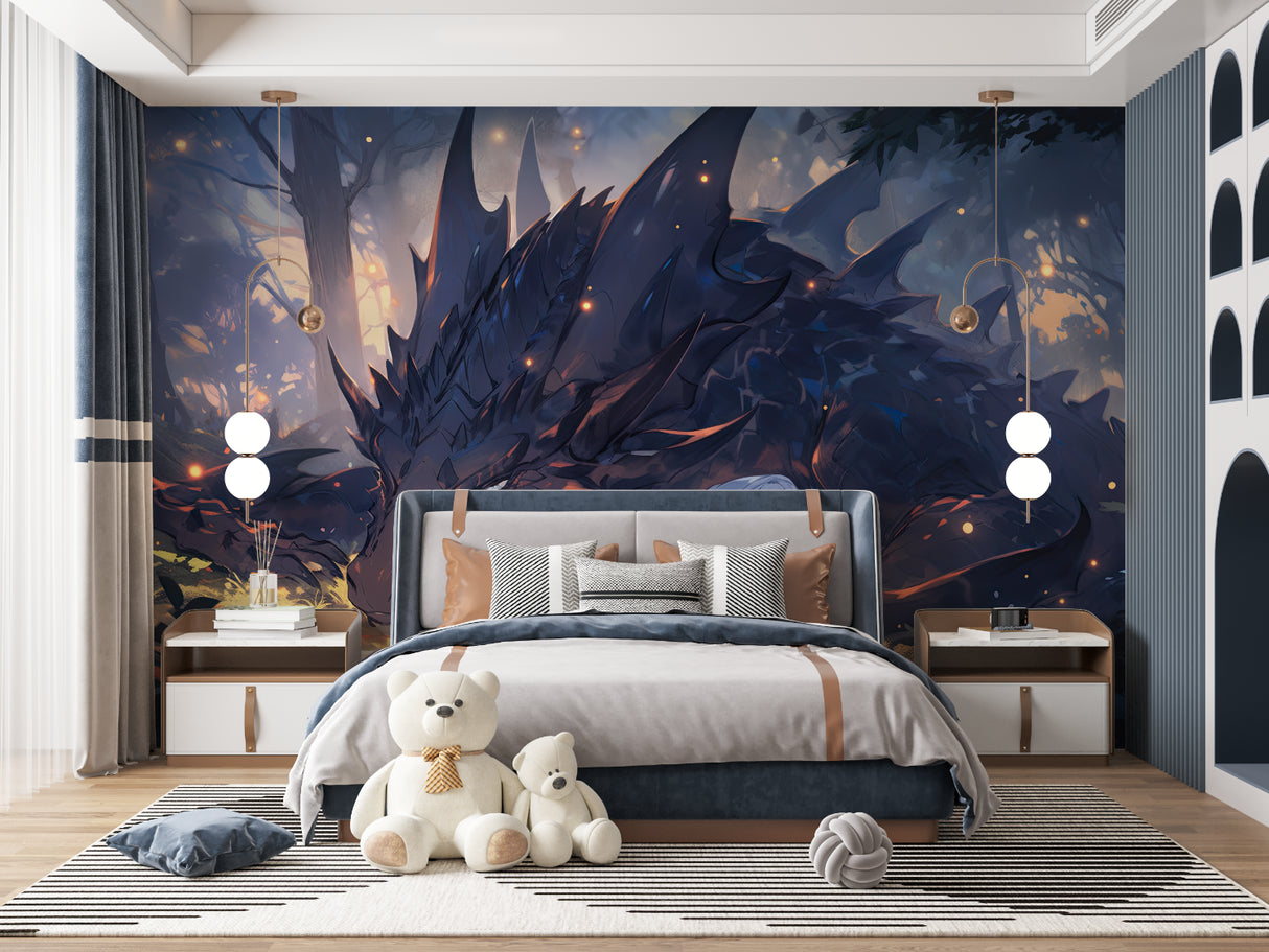 Dragon wall mural in kids playroom with fantasy theme decor