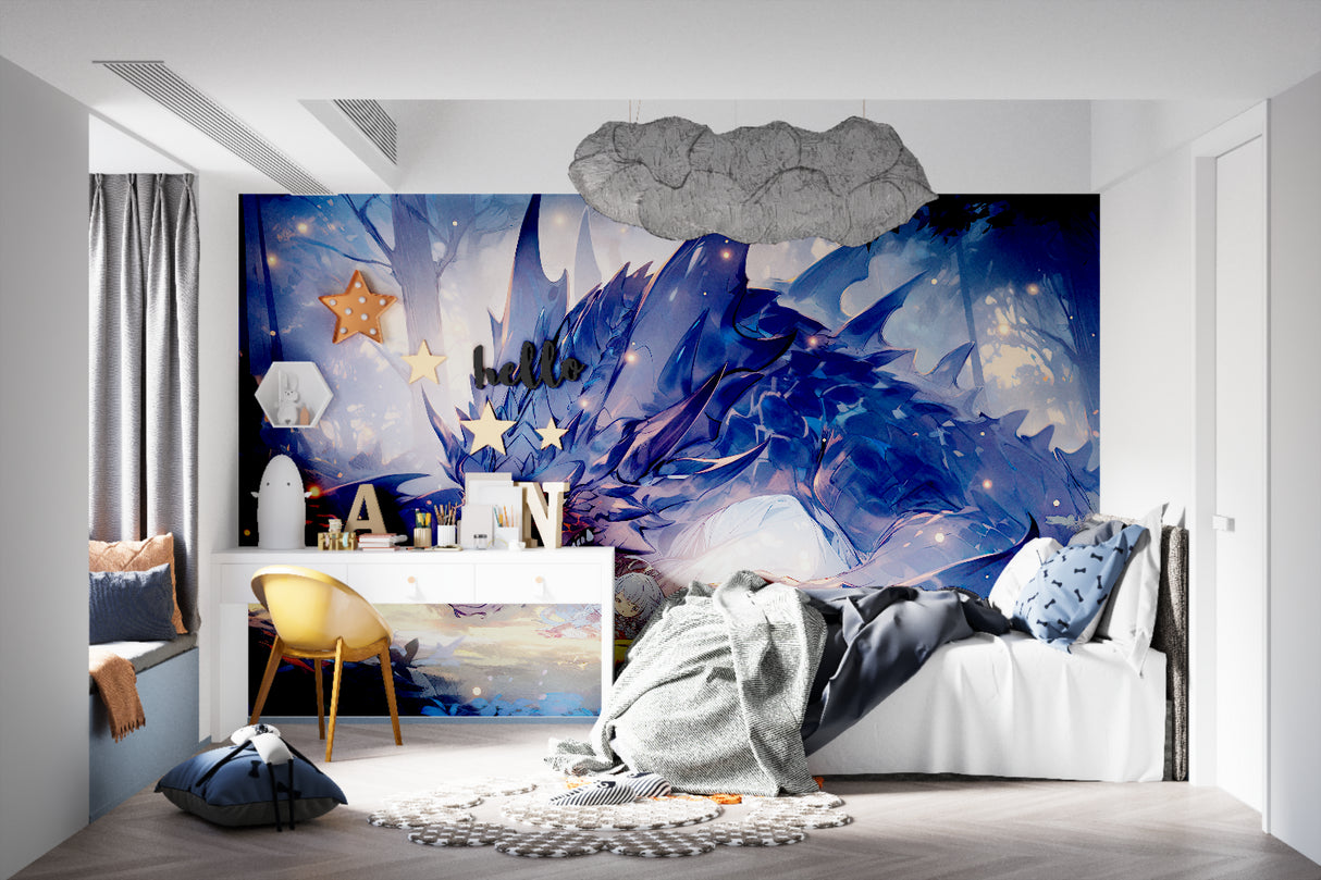Mystical dragon mural in family room with evening lighting