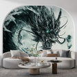 Dragon wallpaper mural in modern dining room, emerald green Asian design creating dramatic accent wall