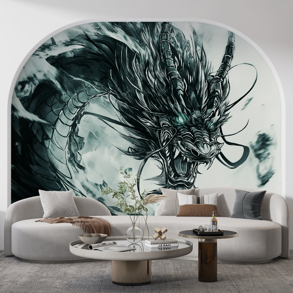 Dragon wallpaper mural in modern dining room, emerald green Asian design creating dramatic accent wall