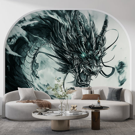 Dragon wallpaper mural in modern dining room, emerald green Asian design creating dramatic accent wall