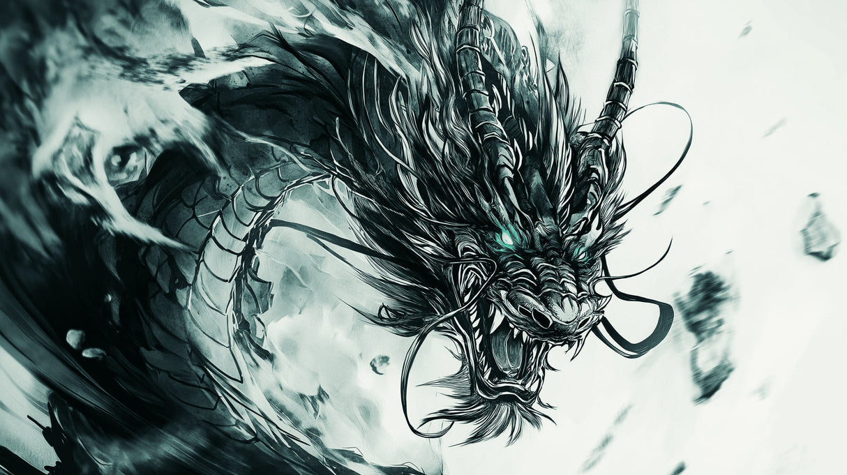 Mystical black and green dragon wallpaper design file showing intricate scale details and swirling mists