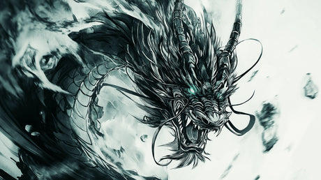 Mystical black and green dragon wallpaper design file showing intricate scale details and swirling mists