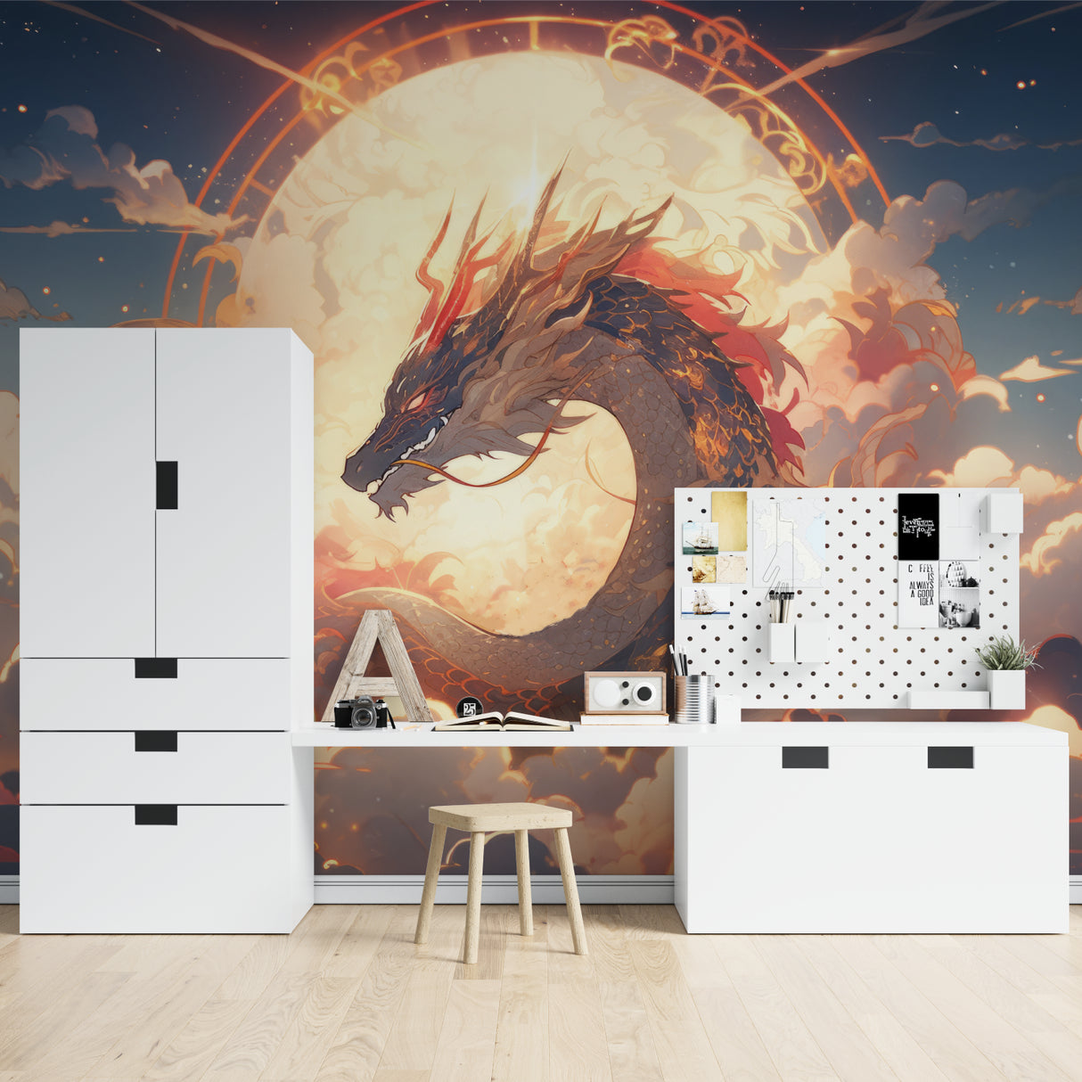 Dragon fantasy wallpaper showcased in modern gaming room with ambient lighting